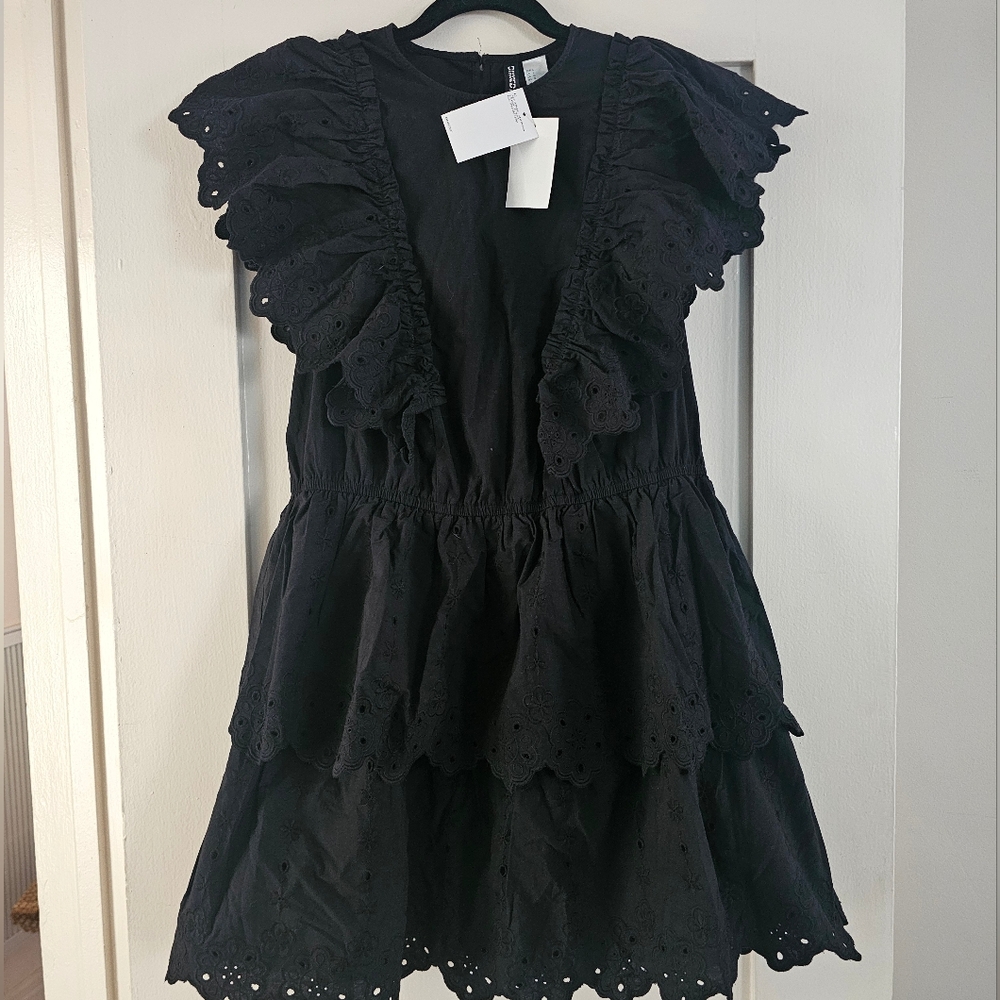 H&M Black Eyelet Tiered Ruffle Mini Dress